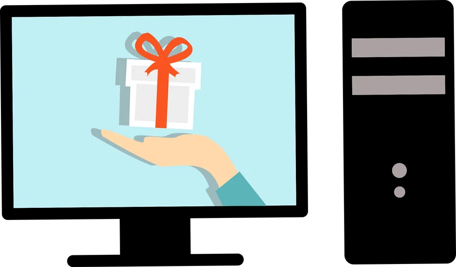 Monitor displaying a gift box, representing digital gaming gift cards